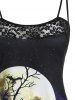 Plus Size Halloween Lace Panel Moon Cat Print Dress -  
