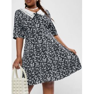 

Plus Size Ditsy Print Flat Collar A Line Dress, Black