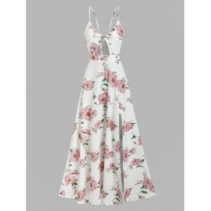 

Floral Print High Slit Bowknot Detail Maxi Dress, White