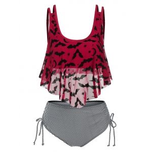 

Stripe Print Bat Crescent Mesh Padded Tankini Set, Red