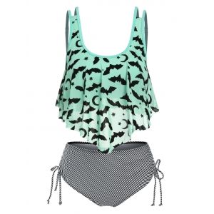 

Stripe Print Bat Crescent Mesh Padded Tankini Set, Light green