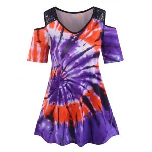 

Lace Panel Tie Dye Cold Shoulder Plus Size Top, Purple