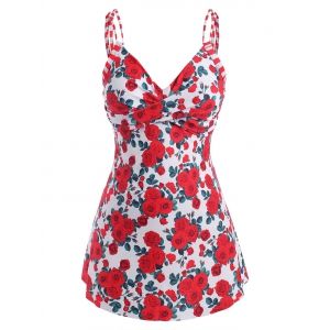 

Plus Size Flower Print Criss Cross Empire Waist Tankini Swimwear, Red