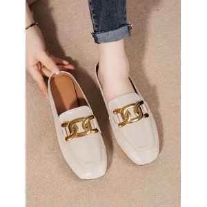 

Square Toe Chain Slip-On Shoes, Beige