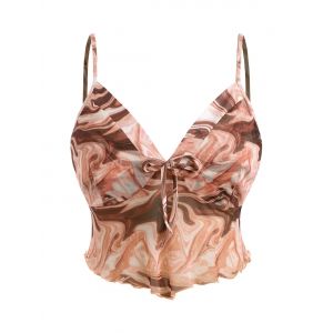 

Plus Size Abstract Print Mesh Lettuce-trim Top, Light orange