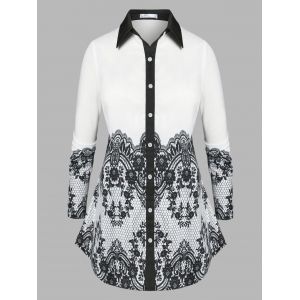 

Plus Size Button Up Lace Print Shirt, White