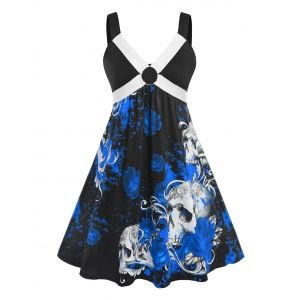 

Plus Size Skull Flower Print Sleeveless O-ring Dress, Black