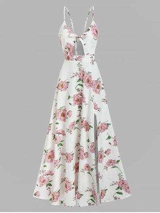 Floral Print High Slit Bowknot Detail Maxi Dress