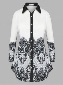 Plus Size Button Up Lace Print Shirt - WHITE - 4X