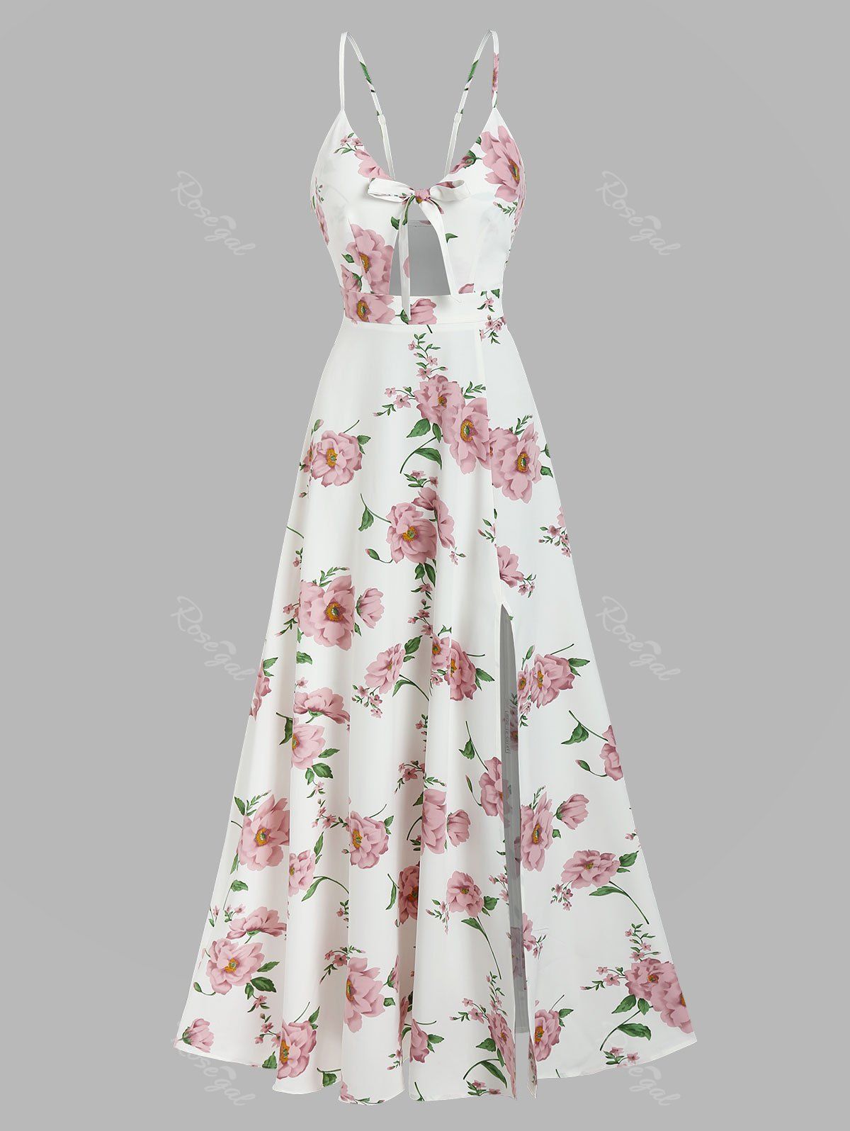 Fashion Floral Print High Slit Bowknot Detail Maxi Dress  