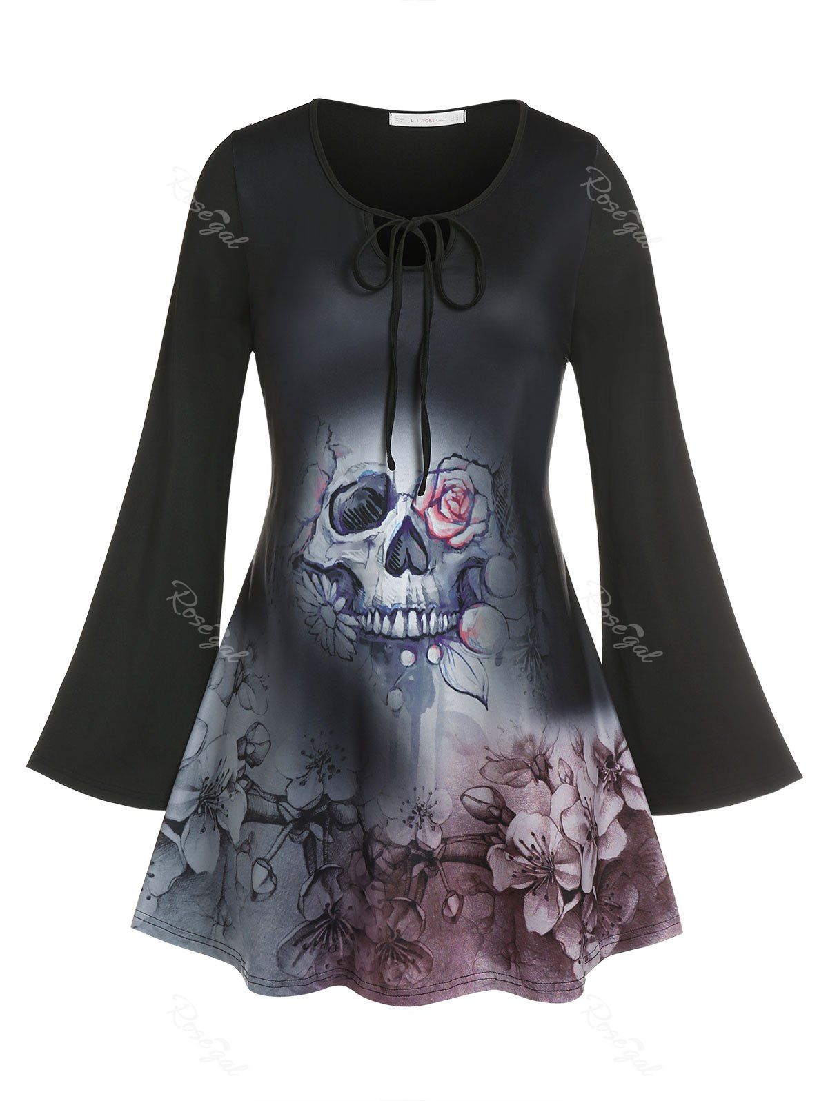 Discount Plus Size Halloween Skull Rose Print Gothic T-shirt  