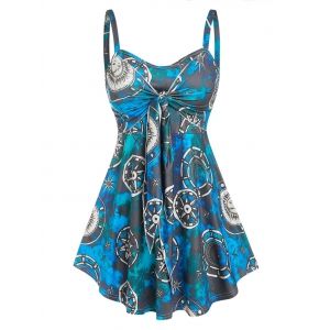 

Plus Size Full Print Tie Knot Tank Top, Blue