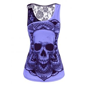 

Lace Panel O Ring Skull Print Tank Top, Purple