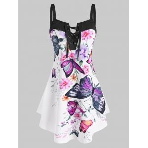 

Lace Up Flower Butterfly Print Curved Hem Tank Top, White