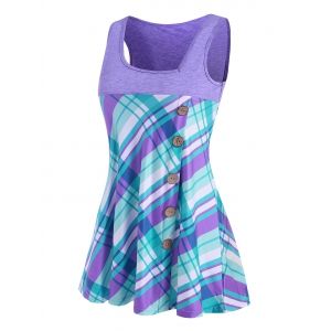 

Mock Button Plaid Asymmetric Neck Tank Top, Purple