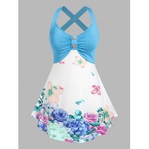 

Plus Size Floral Button Ruched Tank Top, Light blue