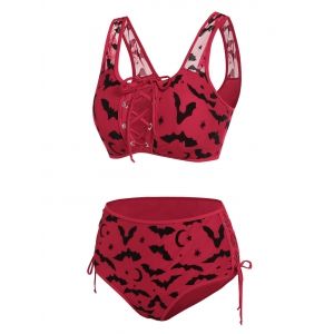 

Bat Crescent Mesh Lace-up Padded Bikini Set, Deep red