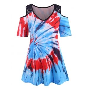 

Lace Panel Tie Dye Cold Shoulder Plus Size Top, Light blue