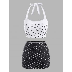 

Polka Dot Colorblock Ruched Halter Tankini Swimwear, Black