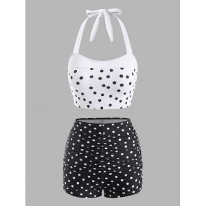 

Polka Dot Colorblock Ruched Halter Tankini Swimwear, Black