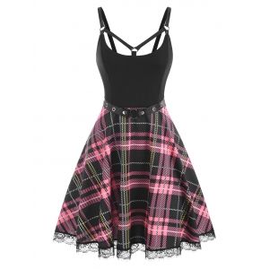 

Lace Insert Plaid Belted Strappy Dress, Light pink