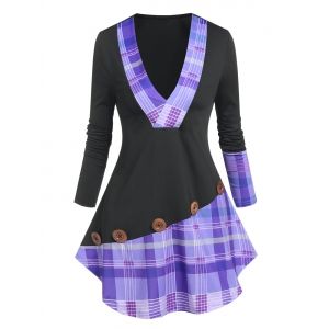 

Plunging Neckline Patchwork Plaid T-shirt, Black