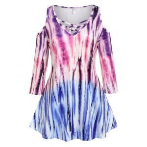 

Plus Size Tie Dye Lattice Open Shoulder Cutout Tee, Multi