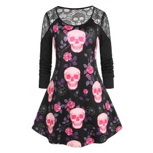 

Plus Size Halloween Skull Print Lace Panel T-shirt, Black