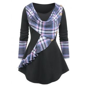 

Mock Button Plaid Print Ruffled T-shirt, Light purple