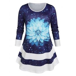 

Plus Size Galaxy Floral Print Tunic T-shirt, Deep blue