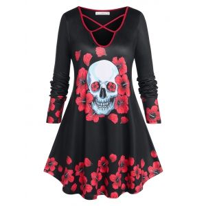 

Plus Size Halloween Floral Skull Print Crisscross T-shirt, Black