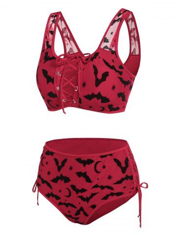 Bat Crescent Mesh Lace-up Padded Bikini Set - DEEP RED - L