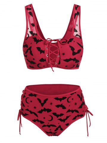 Bat Crescent Mesh Lace-up Padded Bikini Set