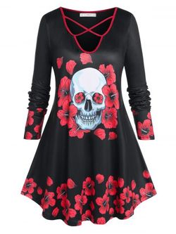Plus Size Halloween Floral Skull Print Crisscross T-shirt - BLACK - 4X