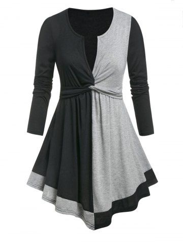 Plus Size Front Knotted Bicolor T Shirt - BLACK - L