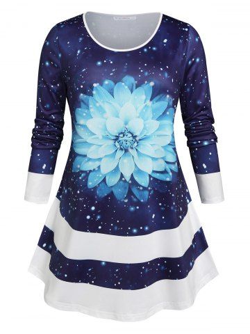 Plus Size Galaxy Floral Print Tunic T-shirt - DEEP BLUE - 1X