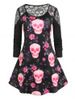Plus Size Gothic & Halloween Skull Print Lace Panel T-shirt -  