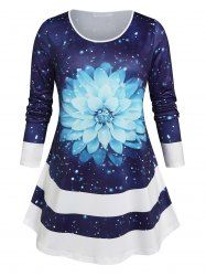 T-Shirt Tunique à Imprimé Floral et Galaxie Grande-Taille - Bleu profond 2X