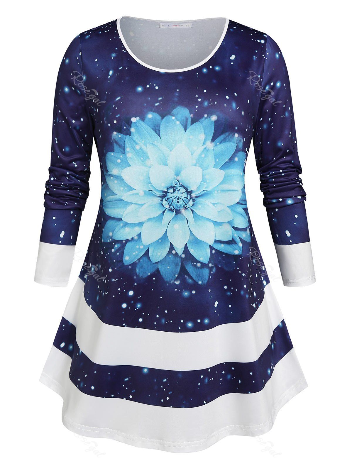 T-Shirt Tunique à Imprimé Floral et Galaxie Grande-Taille Bleu profond 4X