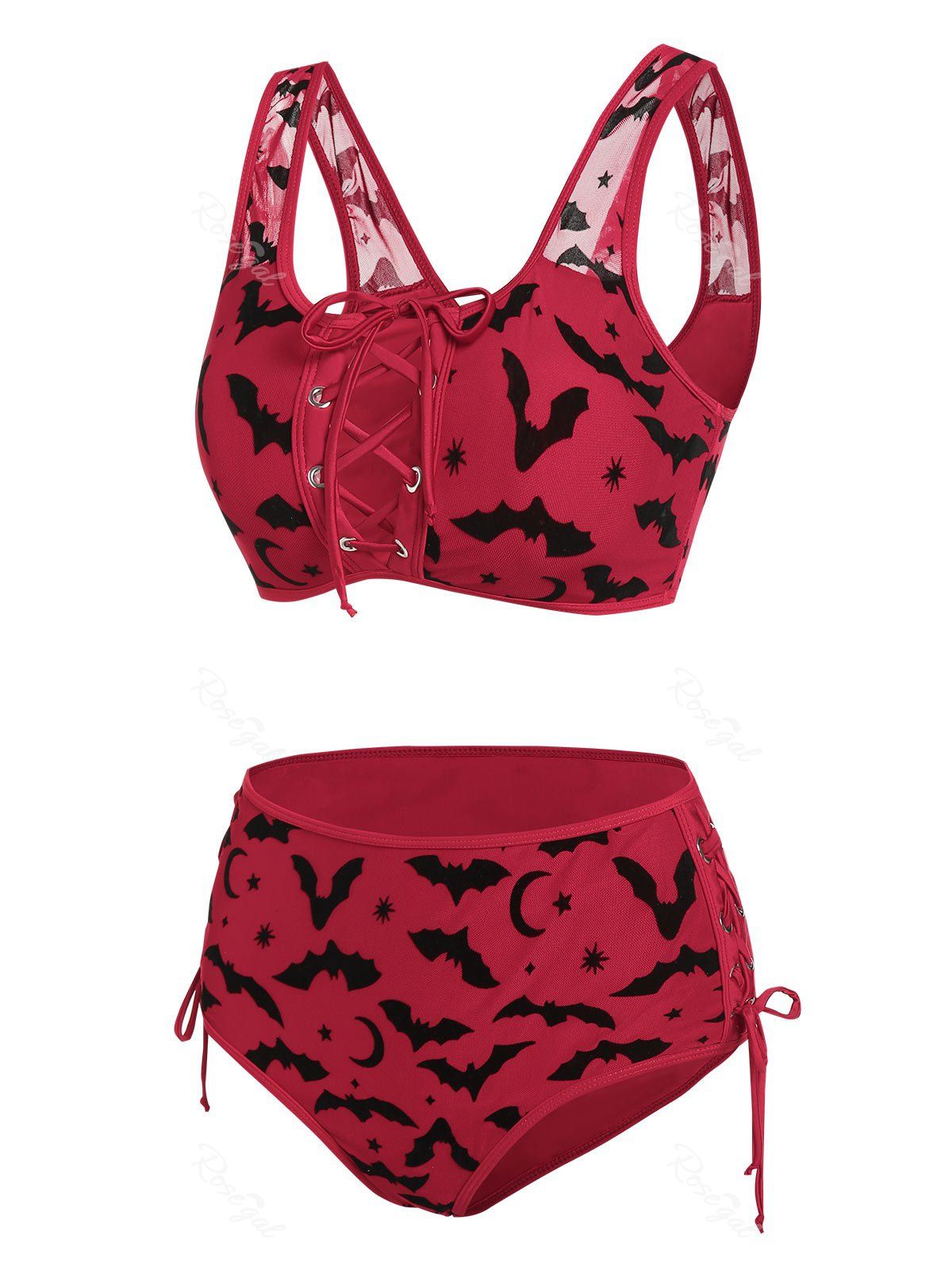 New Bat Crescent Mesh Lace-up Padded Bikini Set  