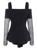 Fishnet Panel Cold Shoulder Grommet T Shirt with Thumb Hole -  
