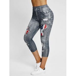 

3D Patriotic American Flag Print Crop Jeggings, Dark gray