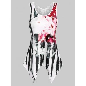 

American Flag Skull Print Lace Insert Handkerchief Tank Top, Black