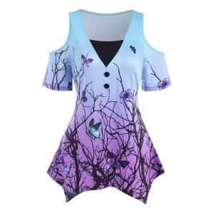 

Ombre Branch Butterfly Print Open Shoulder Handkerchief T Shirt, Multi