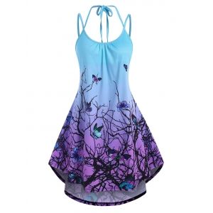 

Ombre Bohemian Flower Butterfly Print Dip Hem Dress, Purple
