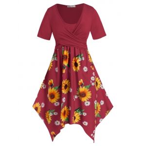 

Plus Size Sunflower Print Handkerchief Crossover Midi Dress, Deep red