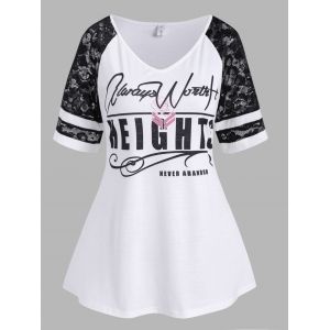 

Raglan Sleeve Lace Insert Slogan Print T Shirt, White