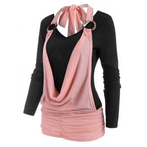 

Two Tone Cowl Front O Ring Ruched T Shirt, Light pink