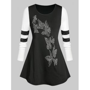 

Plus Size Rhinestone Butterfly Colorblock T-shirt, Black