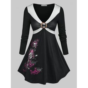

Plus Size Front Ring Skull Butterfly Print T Shirt, Black